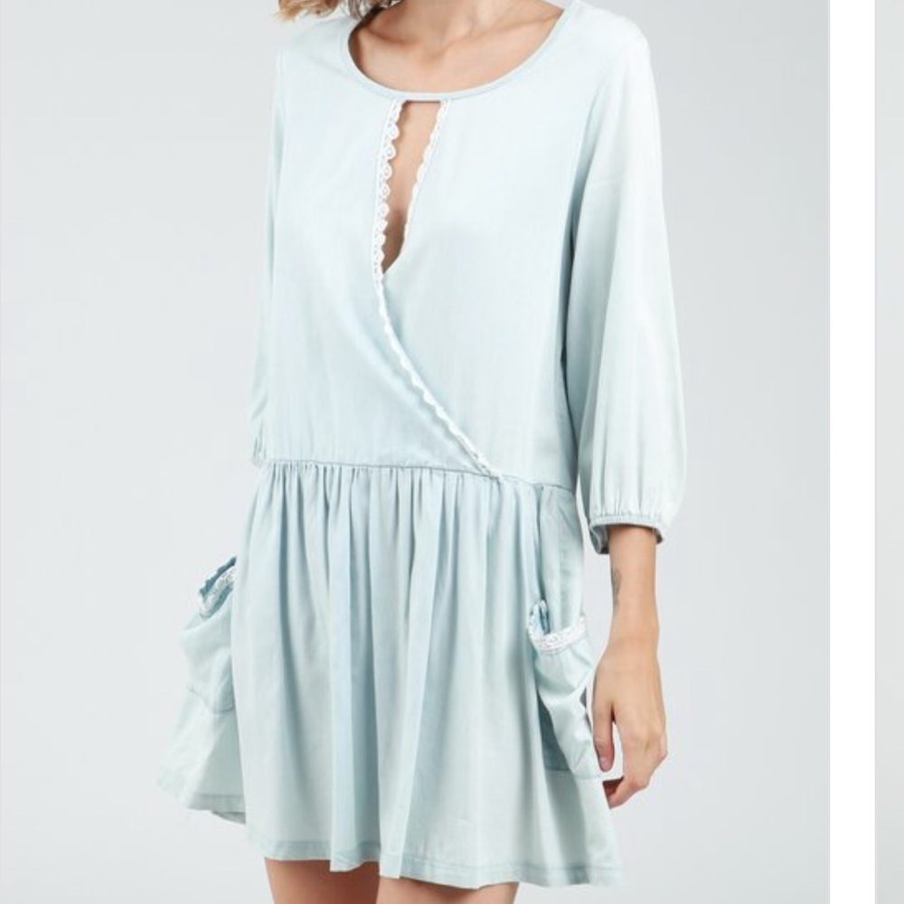 Wrap short sleeve Denim pockets Mini Dress